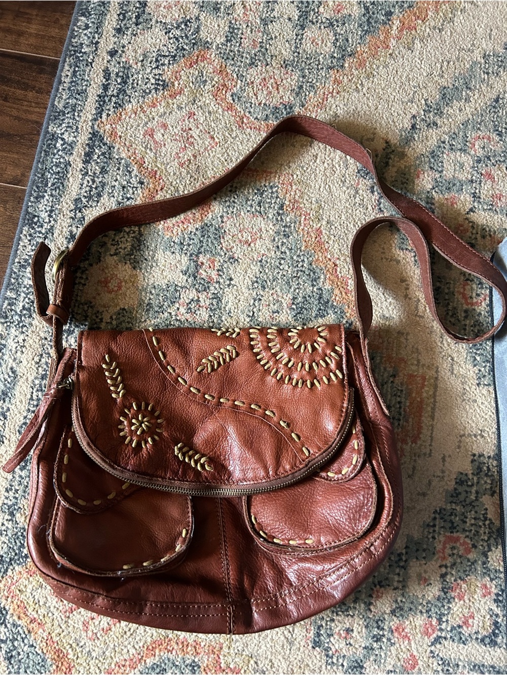 Lucky Brand: Brown Leather Crossbody Bag with Embroidered Accents